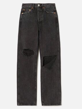 RE/DONE straight leg distressed ripped dark wash black denim jeans